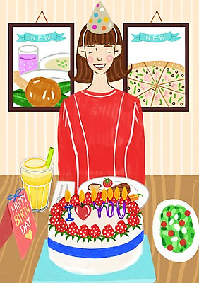 PSD 접시 여자 기념일 행복 음료 음식 액자 일러스트 탁자 실내 사랑 한명 사람 이벤트 성인 파티 케이크 축하 생일 생일상 여자만 여자한명만 성인여자만 성인만 국내일러스트 1 식기 감정 가구 컨셉 디저트 내부 파일형식