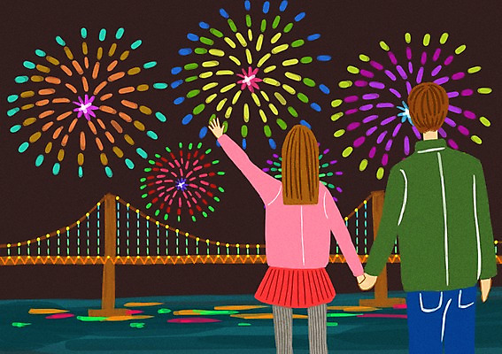 PSD 커플 여자 남자 행복 야경 데이트 일러스트 불꽃놀이 사랑 사람 야외 손잡기 가교 국내일러스트 건축물 감정 관계 모션 놀이 야간 파일형식 풍경_경치