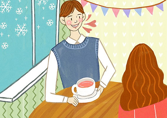 PSD 여자 남자 행복 커피 음료 데이트 일러스트 창문 탁자 실내 사랑 사람 성인 두명 카페 커피잔 수줍음 소개팅 성인만 국내일러스트 감정 가구 잔 내부 상점 파일형식