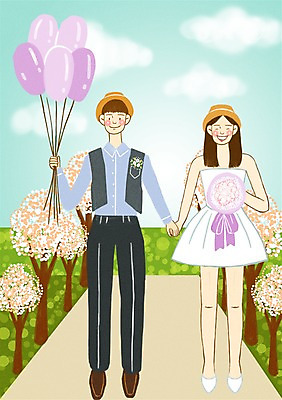 주간 전신 PSD 나무 식물 구름 모자 커플 여자 남자 행복 웨딩드레스 결혼 일러스트 사랑 서기 사람 성인 야외 두명 손잡기 풍선 성인만 국내일러스트 자연요소 잡화 드레스 감정 관계 모션 이벤트 파일형식