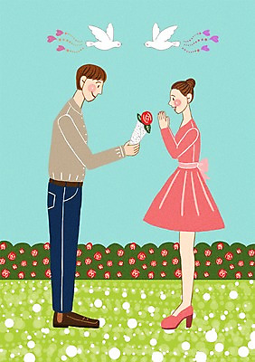 주간 전신 PSD 식물 커플 여자 남자 꽃 행복 꽃다발 프로포즈 일러스트 조류 선물 사랑 서기 사람 성인 야외 두명 장미 마주보기 성인만 국내일러스트 자연요소 동물 감정 관계 모션 파일형식