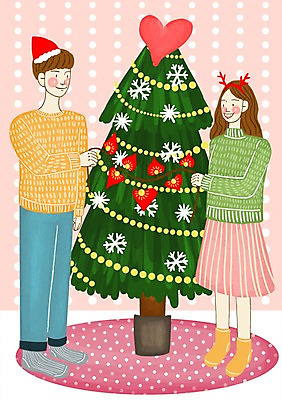 PSD 커플 여자 남자 행복 크리스마스 데이트 일러스트 집안 실내 사랑 사람 성인 두명 장식 크리스마스트리 카펫 성인만 국내일러스트 기념일 감정 관계 내부 파일형식