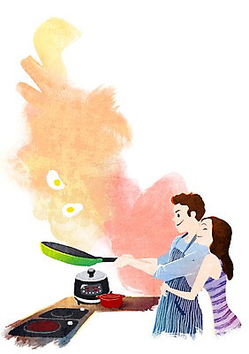 PSD 부부 커플 여자 남자 일러스트 포옹 실내 요리 사람 성인 두명 주방 앞치마 기쁨 프라이팬 냄비 계란프라이 스토브 감사 전기밥솥 음식준비 성인만 국내일러스트 감정 관계 안기 주방용품 내부 가전제품 솥 계란요리 준비 파일형식