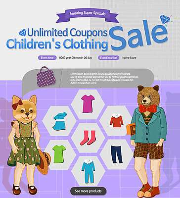 PSD 템플릿 옷 어린이 웹템플릿 곰 이벤트페이지 사람 이벤트 두명 세일 강아지 동물탈 반려 어린이만 이미지템플릿 동물 포유류 반려동물 개 탈 페이지 파일형식