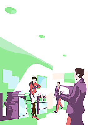 PSD 여자 남자 화분 일러스트 비즈니스 전등 실내 사람 성인 세명 사무실 거울 직장인 비즈니스맨 비즈니스우먼 복도 인쇄기 열정 성인만 국내일러스트 직업 감정 조명 내부 전자제품 파일형식