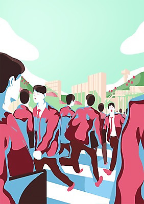 PSD 남자 서류가방 일러스트 비즈니스 하늘 산 거리 사람 빌딩 여러명 성인 야외 직장인 비즈니스맨 비즈니스우먼 횡단보도 출근 바쁨 열정 육교 남자만 성인남자만 성인만 국내일러스트 직업 여자 감정 다수 가방 건물 다리_건축물 보행로 출퇴근 파일형식