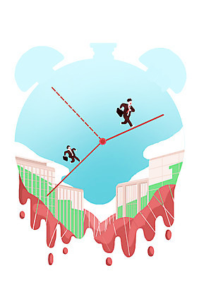 PSD 남자 시계 서류가방 일러스트 비즈니스 사람 빌딩 성인 두명 직장인 비즈니스맨 시곗바늘 바쁨 열정 남자만 성인남자만 성인만 국내일러스트 직업 감정 가방 건물 파일형식