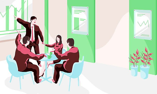 PSD 여자 남자 화분 의자 일러스트 비즈니스 회의 그래프 실내 사람 여러명 성인 사무실 직장인 비즈니스맨 비즈니스우먼 발표 커피잔 책상 열정 성인만 국내일러스트 직업 감정 커피 가구 다수 잔 내부 파일형식