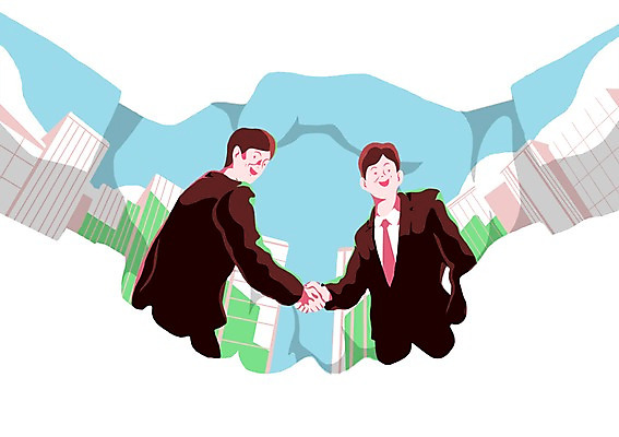 PSD 구름 남자 일러스트 비즈니스 하늘 성공 악수 사람 빌딩 성인 야외 두명 거래 직장인 비즈니스맨 계약 열정 남자만 성인남자만 성인만 국내일러스트 자연요소 직업 감정 컨셉 손짓 건물 파일형식