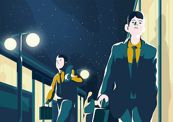 PSD 여자 남자 별 가로등 서류가방 일러스트 비즈니스 밤하늘 버스 사람 빌딩 성인 야외 건물 세명 직장인 비즈니스맨 야간 열정 퇴근길 성인만 국내일러스트 자연요소 직업 건축물 공공시설 감정 육상교통 가방 하늘 대중교통 퇴근 파일형식