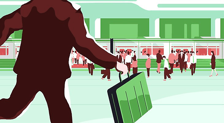 PSD 여자 남자 서류가방 일러스트 비즈니스 대중교통 사람 여러명 성인 직장인 비즈니스맨 전철 출근 바쁨 열정 성인만 국내일러스트 직업 감정 육상교통 교통수단 다수 가방 출퇴근 파일형식