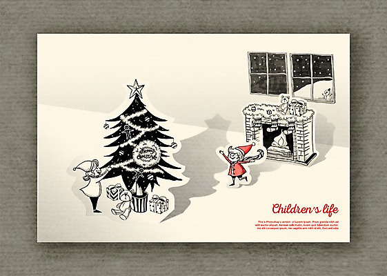 PSD 계절 어린이라이프 어린이 크리스마스 겨울 일러스트 창문 집안 실내 선물 사람 소녀 소년 두명 장식 장난감 크리스마스트리 곰인형 눈 페이퍼아트 벽난로 어린이만 국내일러스트 자연요소 라이프스타일 여자 기념일 남자 인형 날씨 내부 파일형식