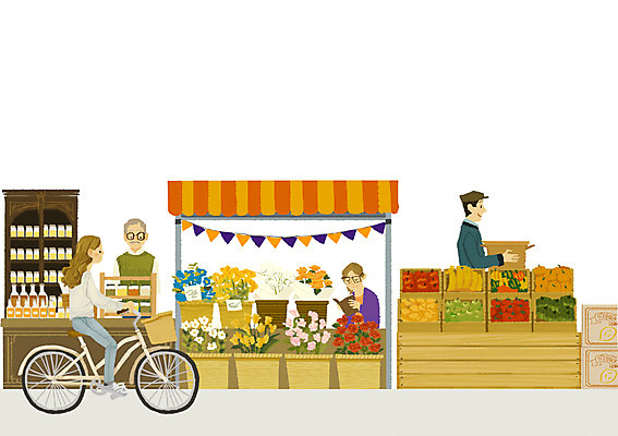 주간 PSD 여자 남자 화분 교통수단 과일 일러스트 사람 여러명 야외 자전거 활발 자유 시장 장 프리마켓 국내일러스트 자연요소 다수 교통 컨셉 바이크 파일형식
