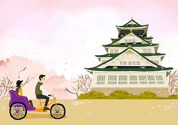 주간 PSD 여자 남자 교통수단 여행 일러스트 사람 야외 두명 일본 활발 자유 세계여행 성 오사카 인력거 국내일러스트 자연요소 건축물 아시아 교통 컨셉 세계 파일형식