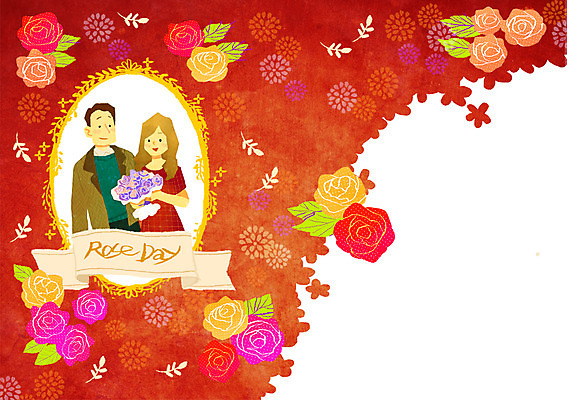 PSD 식물 커플 여자 남자 행복 꽃다발 액자 무늬 일러스트 데이이벤트 프레임 선물 사랑 사람 이벤트 성인 두명 장미 기쁨 즐거움 로즈데이 성인만 국내일러스트 기념일 꽃 감정 관계 파일형식