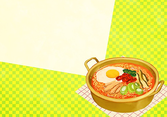 PSD 음식 컬러 백그라운드 무늬 일러스트 프레임 요리 사람없음 노란색 계란 보자기 라면 분식 체크무늬 야식 양은냄비 국내일러스트 알 면류 냄비 파일형식 천_직물