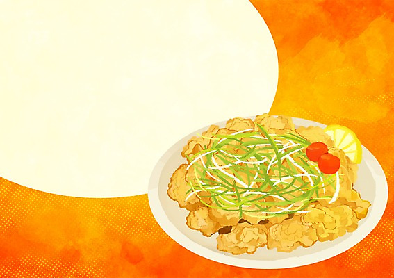 PSD 접시 음식 컬러 백그라운드 일러스트 프레임 요리 사람없음 주황색 치킨 튀김 닭 파닭 국내일러스트 식기 조류 닭고기요리 파일형식