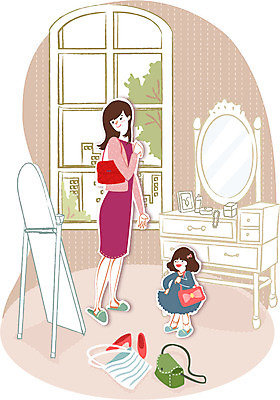 우먼라이프 라이프스타일 여자 딸 행복 어린이 가방 일러스트 창문 가족 엄마 실내 사람 성인 두명 쇼핑 여자만 국내일러스트 AI파일 잡화 감정 관계 내부 생활 파일형식 벡터