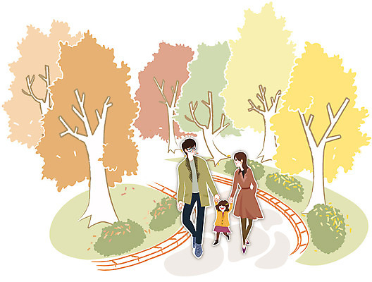나무 식물 우먼라이프 라이프스타일 여자 남자 딸 행복 길 어린이 일러스트 가족 엄마 사람 성인 야외 세명 손잡기 산책 아빠 국내일러스트 AI파일 감정 관계 모션 휴식 생활 파일형식 벡터