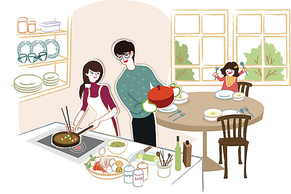 우먼라이프 라이프스타일 여자 남자 딸 행복 어린이 의자 일러스트 가족 탁자 엄마 실내 요리 사람 성인 세명 주방 식사 아빠 식사준비 국내일러스트 AI파일 감정 가구 관계 내부 생활 준비 파일형식 벡터