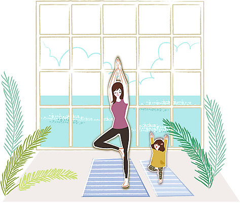 식물 우먼라이프 라이프스타일 여자 딸 행복 어린이 바다 포즈 일러스트 요가 창문 가족 엄마 실내 사람 성인 두명 운동 여자만 국내일러스트 AI파일 웰빙 감정 관계 건강 내부 생활 파일형식 벡터