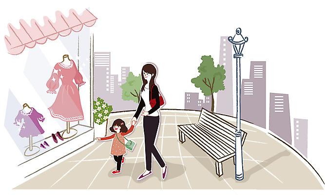 나무 식물 우먼라이프 라이프스타일 옷 여자 딸 행복 어린이 가로등 벤치 일러스트 가족 엄마 사람 성인 야외 두명 건물 쇼핑 상점 도시 여자만 국내일러스트 AI파일 건축물 공공시설 감정 의자 관계 생활 파일형식 벡터