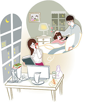 우먼라이프 라이프스타일 여자 남자 딸 행복 어린이 일러스트 회사 가족 탁자 엄마 실내 사람 성인 세명 컴퓨터 침대 아빠 통화 야근 국내일러스트 AI파일 감정 가구 비즈니스 관계 모션 내부 생활 전자제품 업무 파일형식 벡터