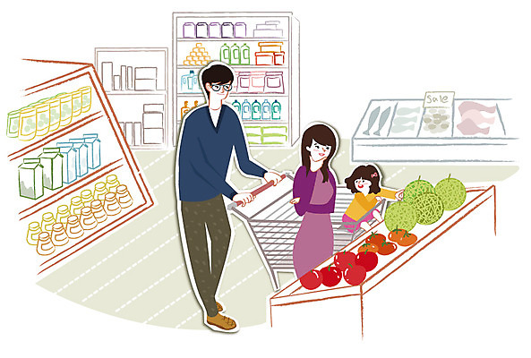 우먼라이프 라이프스타일 여자 남자 딸 행복 어린이 과일 일러스트 가족 엄마 실내 사람 성인 두명 카트 시장 아빠 장 마트 부녀 국내일러스트 AI파일 감정 관계 내부 생활 상점 파일형식 벡터