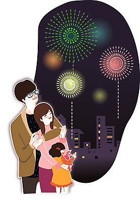 우먼라이프 라이프스타일 여자 남자 딸 행복 어린이 일러스트 가족 엄마 폭죽 불꽃놀이 사람 성인 야외 세명 도시 아빠 야간 국내일러스트 AI파일 자연요소 감정 관계 놀이 생활 파일형식 벡터