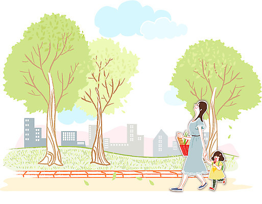 나무 식물 우먼라이프 라이프스타일 여자 딸 행복 길 어린이 일러스트 가족 엄마 사람 성인 야외 두명 산책 도시 시장 장 여자만 국내일러스트 AI파일 감정 관계 휴식 생활 파일형식 벡터