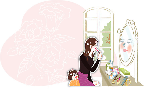우먼라이프 라이프스타일 여자 딸 행복 어린이 일러스트 창문 가족 엄마 실내 사람 성인 두명 화장 화장품 거울 화장대 외출준비 여자만 국내일러스트 AI파일 감정 가구 관계 내부 생활 뷰티 준비 파일형식 벡터