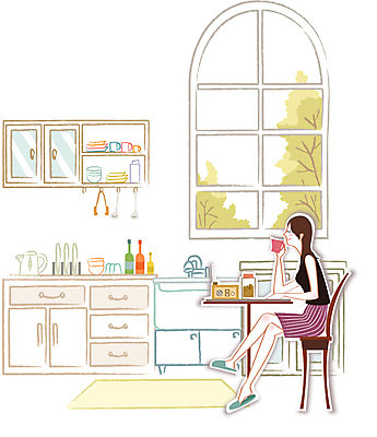 우먼라이프 라이프스타일 여자 행복 의자 일러스트 창문 가족 탁자 엄마 티타임 휴식 실내 한명 사람 성인 컵 주방 여자만 여자한명만 성인여자만 성인만 국내일러스트 AI파일 1 식기 감정 가구 컨셉 관계 내부 생활 파일형식 벡터