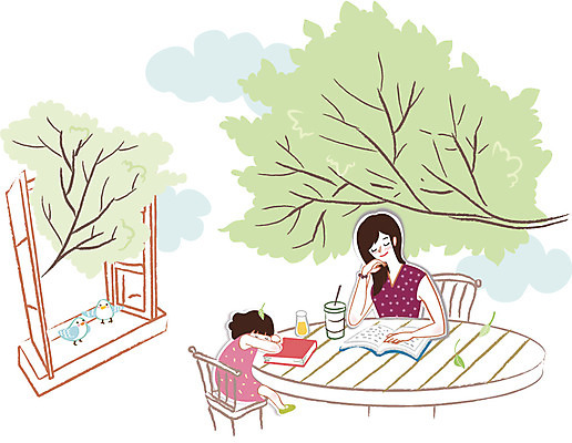 나무 식물 우먼라이프 라이프스타일 여자 딸 행복 어린이 의자 일러스트 창문 가족 탁자 엄마 휴식 사람 성인 야외 두명 책 독서 여자만 국내일러스트 AI파일 감정 가구 컨셉 관계 생활 파일형식 벡터