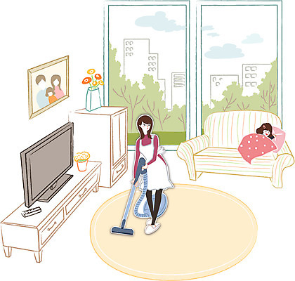 우먼라이프 라이프스타일 여자 딸 행복 어린이 거실 일러스트 가족 엄마 집안 실내 사람 성인 두명 소파 청소 청소기 여자만 국내일러스트 AI파일 감정 의자 관계 내부 생활 전자제품 청소도구 파일형식 벡터