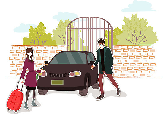 나무 식물 우먼라이프 라이프스타일 부부 여자 남자 행복 일러스트 자동차 사람 성인 야외 두명 캐리어 성인만 국내일러스트 AI파일 커플 감정 육상교통 생활 여행가방 파일형식 벡터