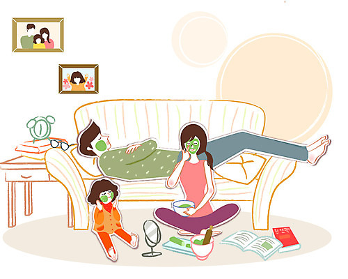 우먼라이프 라이프스타일 여자 남자 딸 행복 어린이 액자 일러스트 가족 엄마 주택 실내 사람 성인 책 세명 소파 뷰티 아빠 팩 국내일러스트 AI파일 감정 의자 관계 내부 건물 생활 화장품 파일형식 벡터