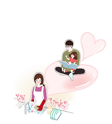 우먼라이프 라이프스타일 여자 남자 딸 행복 어린이 일러스트 가족 엄마 실내 사람 성인 책 세명 하트 아빠 설거지 국내일러스트 AI파일 모양 감정 가사 관계 내부 생활 파일형식 벡터