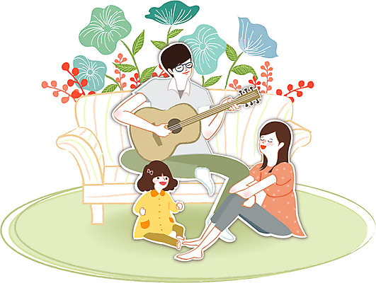 식물 우먼라이프 라이프스타일 여자 남자 꽃 딸 행복 어린이 일러스트 가족 엄마 실내 사람 성인 세명 소파 기타 아빠 국내일러스트 AI파일 감정 의자 관계 현악기 내부 생활 파일형식 벡터