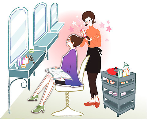 우먼라이프 라이프스타일 여자 행복 의자 일러스트 실내 사람 성인 두명 머리카락 거울 미용실 여자만 성인여자만 성인만 트롤리 국내일러스트 AI파일 감정 가구 내부 생활 머리 수레 뷰티샵 파일형식 벡터