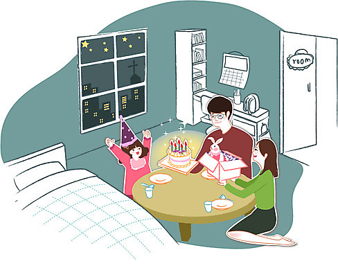 우먼라이프 라이프스타일 여자 남자 딸 행복 어린이 일러스트 가족 탁자 엄마 실내 선물 사람 성인 세명 문 케이크 방 침대 생일 아빠 생일상 국내일러스트 AI파일 기념일 감정 가구 관계 디저트 내부 생활 파일형식 벡터