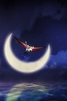 JPG 서양인 외국인 편집 편집이미지 여자 남자 어린이 밤하늘 소녀 소년 야외 두명 달 야간 초승달 합성 해먹 디지털아트 어린이만 편집실사 자연요소 하늘 사람 인종 침대 CG 파일형식