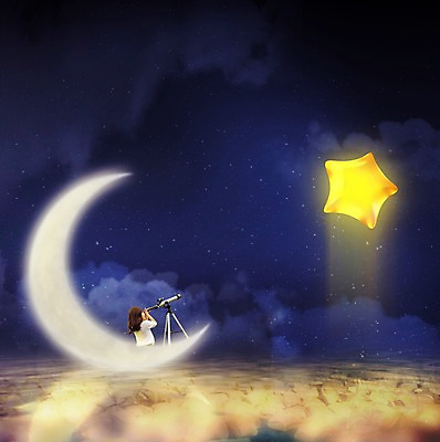 JPG 구름 편집 편집이미지 여자 별 어린이 밤하늘 사람 동양인 소녀 야외 망원경 한국인 달 관찰 야간 초승달 합성 디지털아트 여자만 어린이만 소녀만 편집실사 자연요소 모션 하늘 인종 CG 파일형식