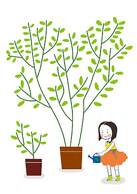 PSD 나무 식물 여자 화분 어린이 일러스트 한명 사람 소녀 물뿌리개 여자만 여자한명만 어린이만 소녀만 소녀한명만 국내일러스트 1 파일형식