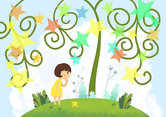 PSD 나무 식물 여자 별 어린이 일러스트 한명 사람 소녀 여자만 여자한명만 어린이만 소녀만 소녀한명만 국내일러스트 자연요소 1 파일형식