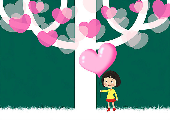 PSD 나무 식물 여자 어린이 일러스트 한명 사람 소녀 잔디 하트 풍선 여자만 여자한명만 어린이만 소녀만 소녀한명만 국내일러스트 모양 1 파일형식