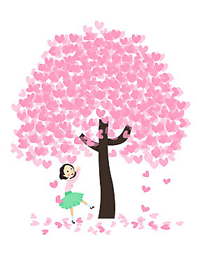 PSD 나무 식물 여자 어린이 일러스트 한명 사람 소녀 야외 하트 떨어짐 여자만 여자한명만 어린이만 소녀만 소녀한명만 국내일러스트 모양 1 컨셉 파일형식