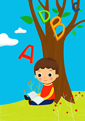 주간 PSD 나무 식물 구름 문자 알파벳 영어 남자 어린이 일러스트 사람 소년 야외 책 독서 남자만 어린이만 소년만 국내일러스트 자연요소 파일형식