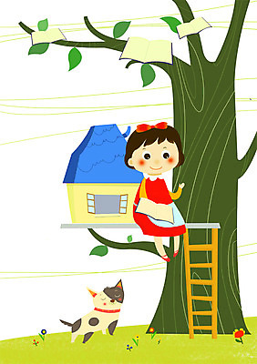 주간 PSD 나무 식물 한마리 여자 어린이 일러스트 사다리 주택 한명 사람 소녀 야외 책 반려동물 독서 고양이 여자만 여자한명만 어린이만 소녀만 소녀한명만 국내일러스트 자연요소 동물 1 포유류 건물 도구 파일형식