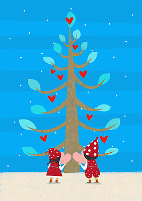 PSD 나무 식물 계절 여자 남자 어린이 겨울 일러스트 사람 두명 장식 하트 눈 어린이만 국내일러스트 자연요소 모양 날씨 파일형식