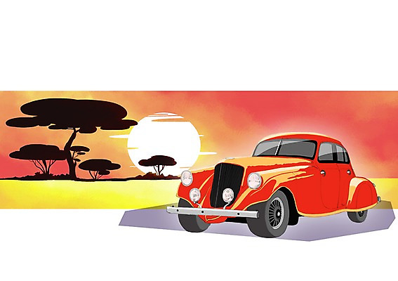 주간 PSD 나무 이동 일러스트 자동차 풍경 사람없음 야외 일몰 클래식카 국내일러스트 자연요소 식물 육상교통 컨셉 승용차 노을 파일형식